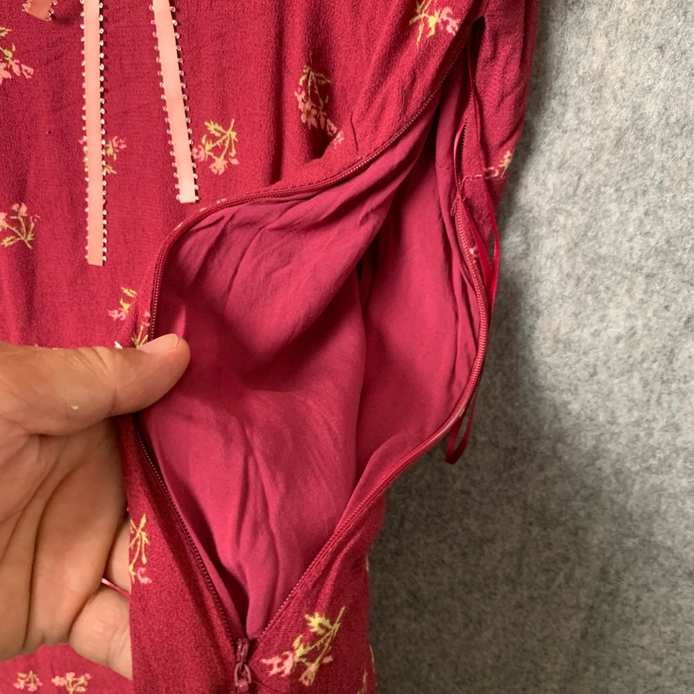 Free People Women Size Large Floral Boho Tie-Detail Mini Tea Dress Earth Red - Picture 6 of 11